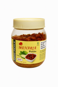 Jar of traditional mango pickle made with raw mangoes, spices, and mustard oil.
