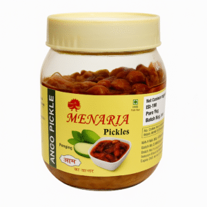 Jar of traditional mango pickle made with raw mangoes, spices, and mustard oil.